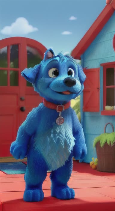  {Max the big blue dog standing in front of a cozy little house with a red door, The big blue dog is large with sky blue fur, big round eyes, a black nose, and floppy ears.