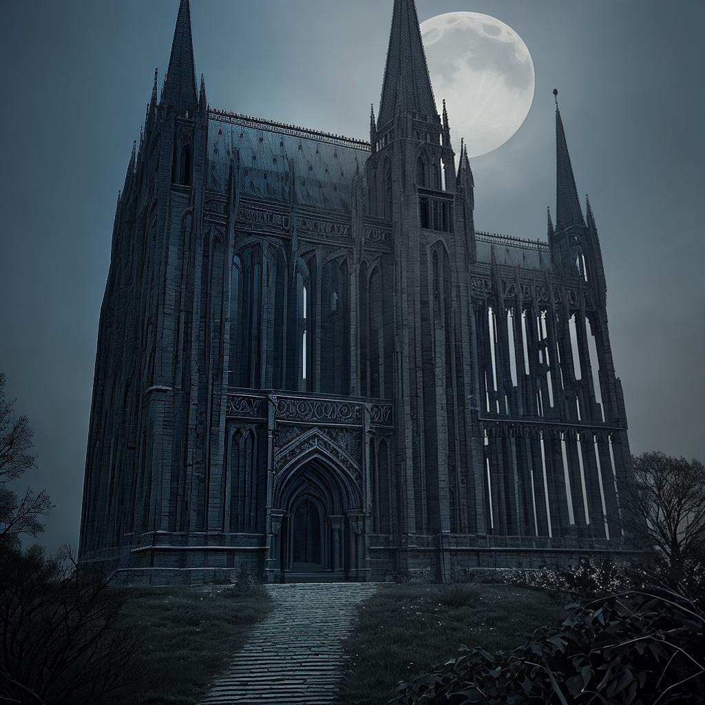  in a gothic aesthetic, Ethereal spires pierce the moonlit sky, as ancient arches weave tales of forgotten realms in a Gothic tapestry.