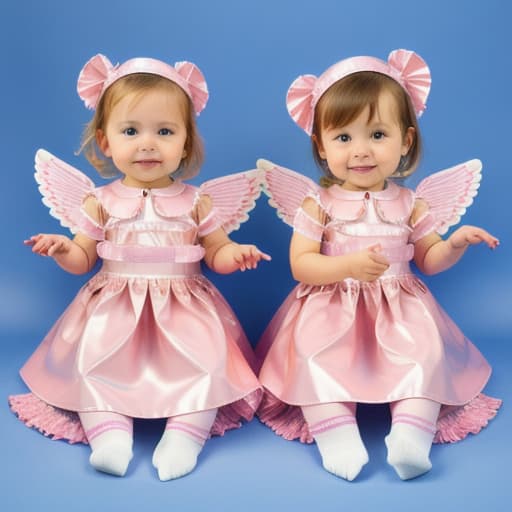  two very beautiful angels,oiled shiny, light pink vinyl  with open button placket ,long socs with ruffles ,socs belts
