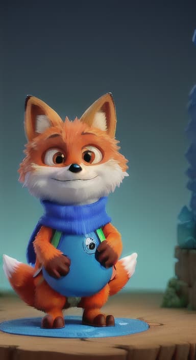  {Error the fox pressing the blue button with his paw, looking puzzled as nothing occurs., Error is a small, bright orange fox with a fluffy tail and big, inquisitive eyes. He has a mischievous yet kind expression and wears a tiny green scarf.