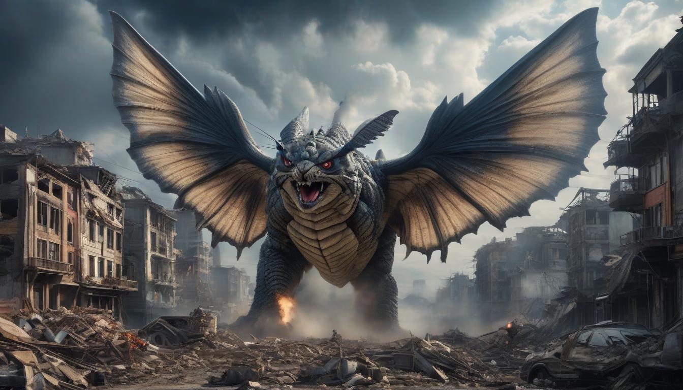  The Monster Mothra flies over the destroyed city, with stormy clouds, fighting Godzilla. hyperrealistic, full body, detailed clothing, highly detailed, cinematic lighting, stunningly beautiful, intricate, sharp focus, f/1. 8, 85mm, (centered image composition), (professionally color graded), ((bright soft diffused light)), volumetric fog, trending on instagram, trending on tumblr, HDR 4K, 8K