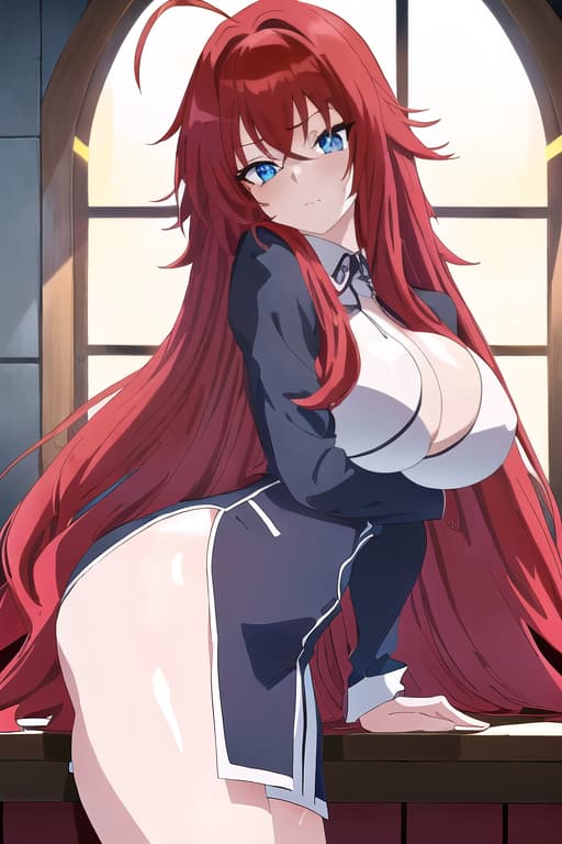  layin ,masterpiece, best quality, 1women, long red hair, looking at viewer, :3, cute, black uniform, outdoors, streets, cowboy shot, curvy, (((blue eyes))), rias gremory, red hair, antenna hair, wavy hair, ((beautiful detailed eyes, beautiful detailed glow, lots of glow)), anime screencap