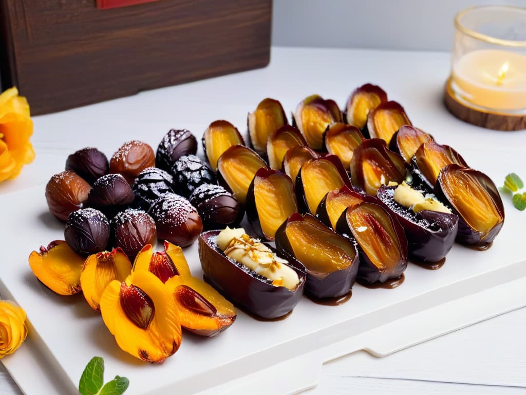  A minimalistic image of a modern kitchen countertop with a sleek marble surface, showcasing a beautifully arranged assortment of stuffed dates filled with various ingredients like nuts, coconut shavings, and dark chocolate drizzle. The dates are elegantly displayed on a white rectangular plate, garnished with fresh mint leaves, cinnamon sticks, and edible flowers, exuding a sense of sophistication and culinary creativity. The soft natural light filtering in through a nearby window casts a gentle shadow, adding depth and warmth to the composition. hyperrealistic, full body, detailed clothing, highly detailed, cinematic lighting, stunningly beautiful, intricate, sharp focus, f/1. 8, 85mm, (centered image composition), (professionally color graded), ((bright soft diffused light)), volumetric fog, trending on instagram, trending on tumblr, HDR 4K, 8K