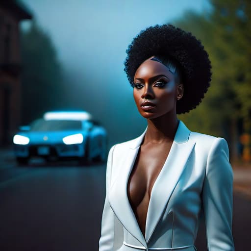  black woman with blue eyes hyperrealistic, full body, detailed clothing, highly detailed, cinematic lighting, stunningly beautiful, intricate, sharp focus, f/1. 8, 85mm, (centered image composition), (professionally color graded), ((bright soft diffused light)), volumetric fog, trending on instagram, trending on tumblr, HDR 4K, 8K