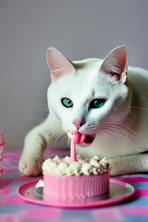  A white cat eating cake