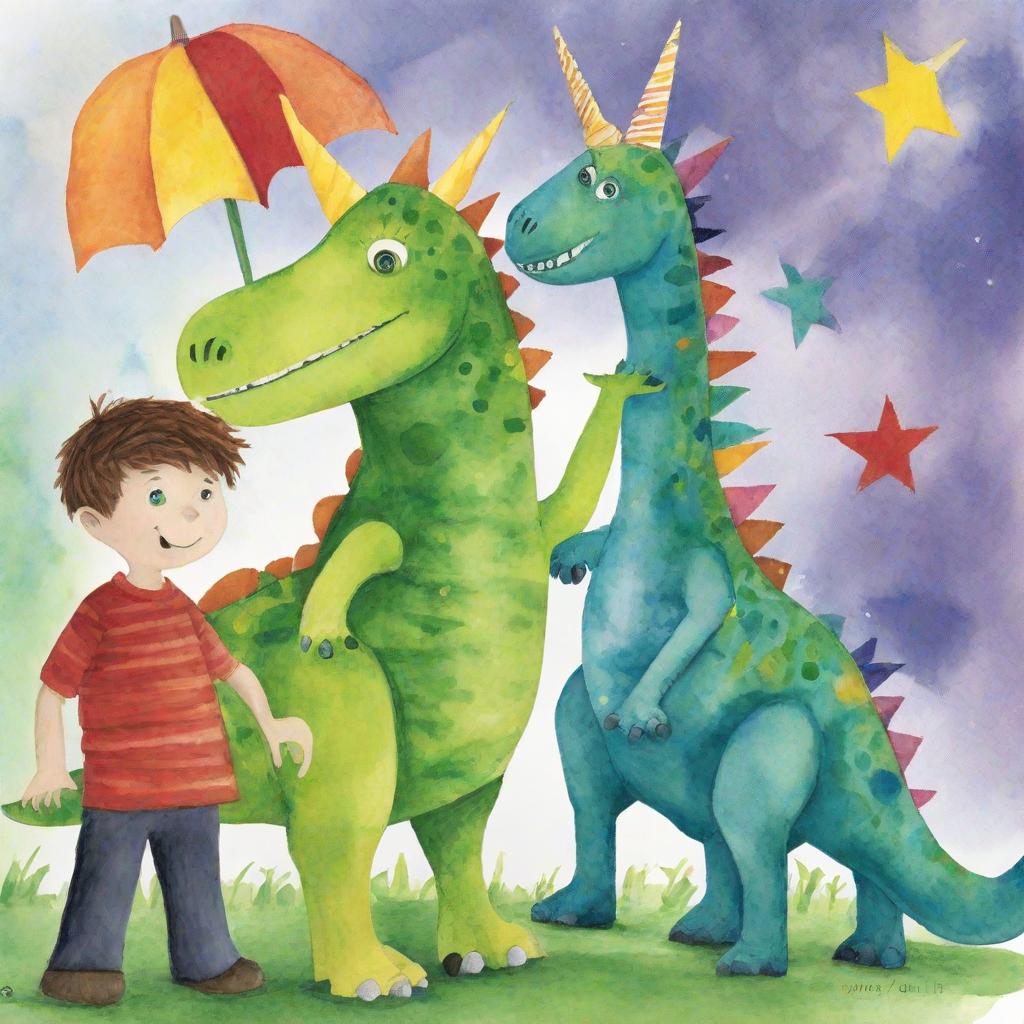  Timmy a three yea  with one dinosaur and one unicorn in the style of eric carle ren's story book.