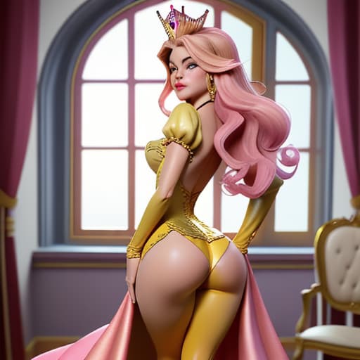  Sofia Vergara as a fantasy Disney queen in bodytight and skinny pink-yellow short and opulent dress,seen from the back leaning towards palace window,her ass up,watching her Middle Earth- like kingdom