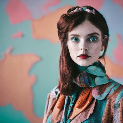 portrait+ style Lady, girl from the sleepy Hollow, eccentric clothes, vintage clothes, modern clothes, colours from the 70s, surrounded by ocean layer paper