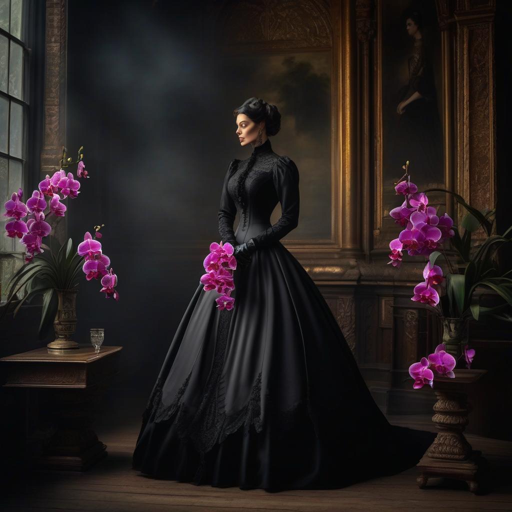  Victorian beauty in mourning with a posy of orchids in black dress in the 1870s. hyperrealistic, full body, detailed clothing, highly detailed, cinematic lighting, stunningly beautiful, intricate, sharp focus, f/1. 8, 85mm, (centered image composition), (professionally color graded), ((bright soft diffused light)), volumetric fog, trending on instagram, trending on tumblr, HDR 4K, 8K