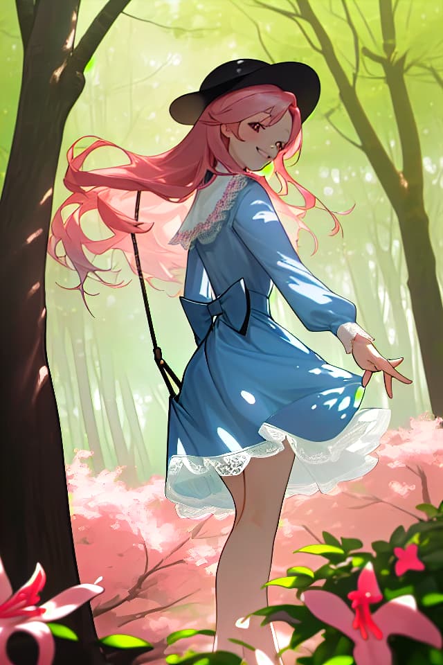  Masterpiece,super resolution,top quality,natural light,sunlight through trees,best shadow,a ,Accurate 5 fingers,delicate dark pink hair color,glossy hair color,gradient hair color,long hair,pretty hat,white lace cardigan,blue dress👗,ロリータファッション,swinging looking back,smiling,pointing in the distance,bright forest park,azalea flowers,super high resolution,8K