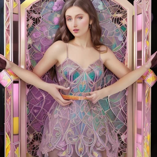  Beautiful Alica Schmidt (transparent lace multi colored pastel dress holding an open box of fine dark chocolates)(pink cheeks)(shadow lighting)(Superrealism)(Foreground: open box of fine dark chocolates on a small serving table)(Background artdeco mansion)(gold scrollwork)(delicate hands and fingers)