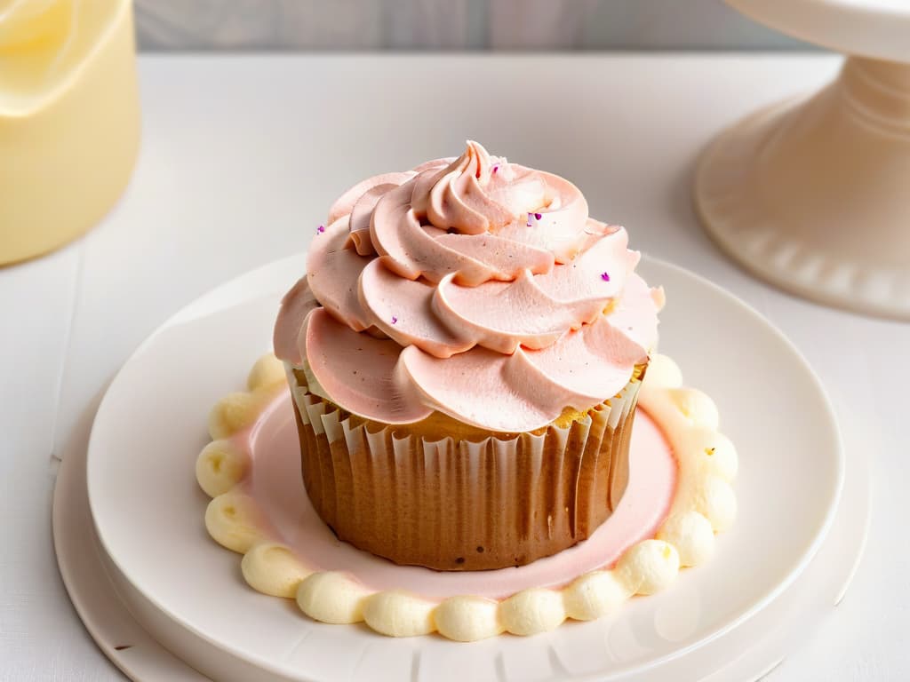  A closeup, ultradetailed image of a perfectly baked cupcake with a goldenbrown crust, topped with a swirl of pastel pink buttercream frosting, delicately adorned with a single shimmering silver sprinkle in the center. The cupcake sits on a sleek, white, minimalistic plate, with soft natural light gently illuminating the textured surface of the frosting, highlighting its smooth swirls and glossy finish. The background is blurred to emphasize the exquisite details of this delectable treat, making it a visually enticing and appetizing image for your article on selecting the best cupcake and muffin liners. hyperrealistic, full body, detailed clothing, highly detailed, cinematic lighting, stunningly beautiful, intricate, sharp focus, f/1. 8, 85mm, (centered image composition), (professionally color graded), ((bright soft diffused light)), volumetric fog, trending on instagram, trending on tumblr, HDR 4K, 8K