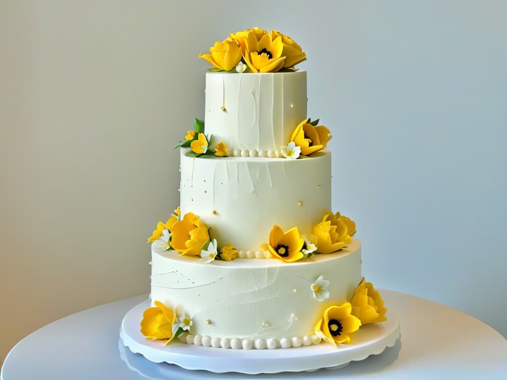  A closeup, ultradetailed image of a beautifully decorated threetiered wedding cake, featuring intricate sugar flowers, delicate piping work, and shimmering gold accents. The cake sits on a sleek, white marble cake stand, set against a soft, blurred background to emphasize the elegant details of the confection. hyperrealistic, full body, detailed clothing, highly detailed, cinematic lighting, stunningly beautiful, intricate, sharp focus, f/1. 8, 85mm, (centered image composition), (professionally color graded), ((bright soft diffused light)), volumetric fog, trending on instagram, trending on tumblr, HDR 4K, 8K