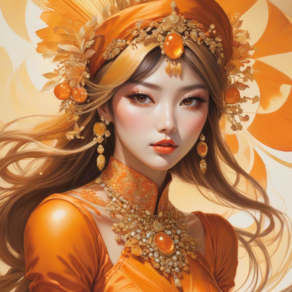  abstract expressionist painting A cartoon girl in an orange costume with gold jewelry, in the style of miho hirano, light yellow and dark brown, close up, traditional costumes, childlike simplicity, comic art, tondo . energetic brushwork, bold colors, abstract forms, expressive, emotional hyperrealistic, full body, detailed clothing, highly detailed, cinematic lighting, stunningly beautiful, intricate, sharp focus, f/1. 8, 85mm, (centered image composition), (professionally color graded), ((bright soft diffused light)), volumetric fog, trending on instagram, trending on tumblr, HDR 4K, 8K