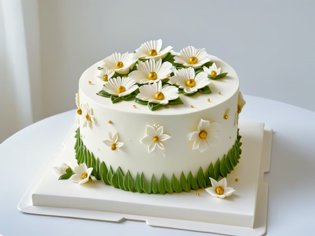  A closeup, ultradetailed image of a beautifully decorated cake featuring intricate piping work, delicate fondant flowers, and shimmering edible gold accents. The cake is displayed on a sleek, minimalist white cake stand against a soft, blurred background, highlighting the exquisite craftsmanship and attention to detail. hyperrealistic, full body, detailed clothing, highly detailed, cinematic lighting, stunningly beautiful, intricate, sharp focus, f/1. 8, 85mm, (centered image composition), (professionally color graded), ((bright soft diffused light)), volumetric fog, trending on instagram, trending on tumblr, HDR 4K, 8K