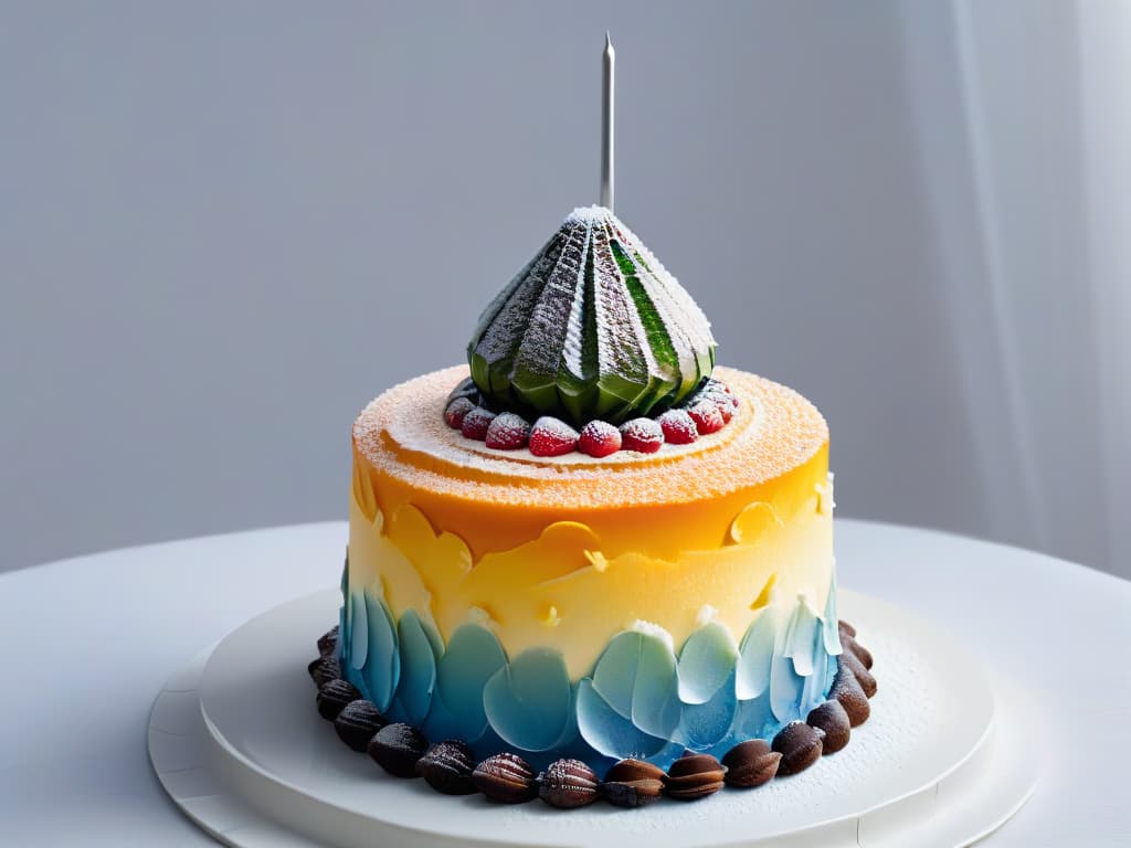  A closeup, ultradetailed image of a perfectly crystallized sugar sculpture delicately perched on top of a glossy, flawless dessert. The sugar crystals catch the light, refracting it into a myriad of rainbow hues, creating a mesmerizing and elegant focal point. The intricate details of the crystalline structure are visible, showcasing the skill and artistry involved in the process of sugar crystallization for unique dessert decorations. hyperrealistic, full body, detailed clothing, highly detailed, cinematic lighting, stunningly beautiful, intricate, sharp focus, f/1. 8, 85mm, (centered image composition), (professionally color graded), ((bright soft diffused light)), volumetric fog, trending on instagram, trending on tumblr, HDR 4K, 8K