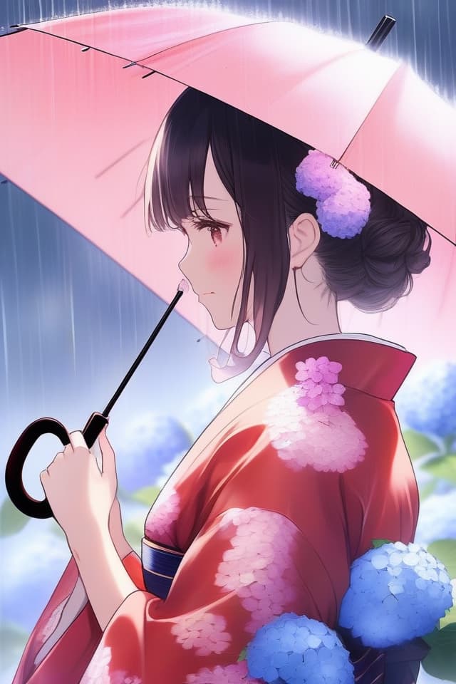  Girls, yukata, hydrangea, bright, gentle, rain, umbrella, profile