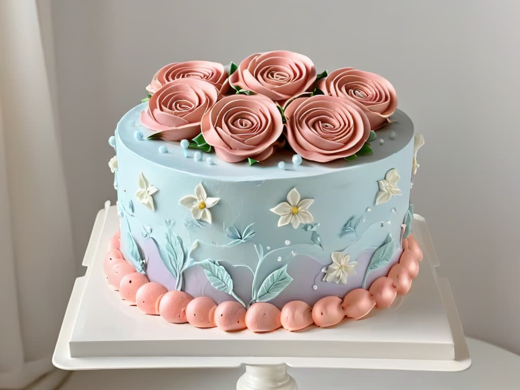  A closeup, highresolution image of a beautifully decorated cake with intricate piping details in pastel colors, showcasing different beginnerfriendly techniques such as rosettes, swirls, and simple floral designs. The cake is elegantly displayed on a white marble cake stand against a soft, blurred background, highlighting the precision and artistry of cake decorating for beginners. hyperrealistic, full body, detailed clothing, highly detailed, cinematic lighting, stunningly beautiful, intricate, sharp focus, f/1. 8, 85mm, (centered image composition), (professionally color graded), ((bright soft diffused light)), volumetric fog, trending on instagram, trending on tumblr, HDR 4K, 8K