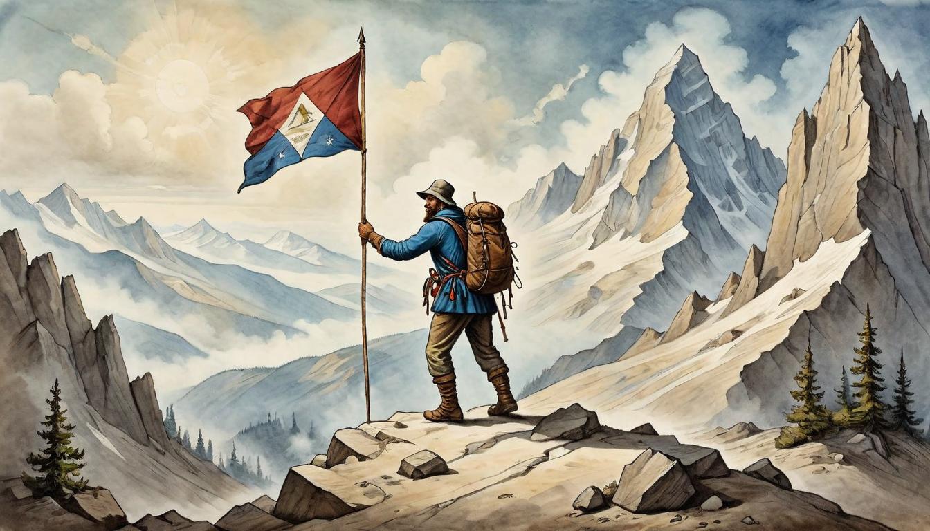  on parchment, surrealism+++, A mountain climber reaches a summit alone, planting a flag, symbolizing personal victory and the declaration of self worth over the need for external validation, climber triumphant, summit serene, flag symbolic, declaration powerful(mysterious, provocative, symbolic,muted color)+++