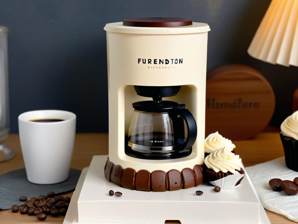  A minimalistic and elegant image of a sleek black coffee maker surrounded by freshly ground coffee beans, a small stack of pastelcolored Friendsinspired cupcakes, and a delicate white ceramic mug with the iconic Central Perk logo. The background is a soft blurred image of a cozy kitchen with warm lighting, enhancing the inviting and inspirational atmosphere. hyperrealistic, full body, detailed clothing, highly detailed, cinematic lighting, stunningly beautiful, intricate, sharp focus, f/1. 8, 85mm, (centered image composition), (professionally color graded), ((bright soft diffused light)), volumetric fog, trending on instagram, trending on tumblr, HDR 4K, 8K