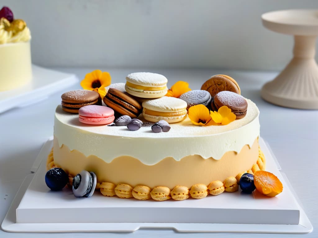  A minimalistic, ultradetailed image of a beautifully decorated table with an assortment of decadent desserts like macarons, cakes, and pastries, each meticulously crafted and artfully arranged. The table is set against a backdrop of a soft, blurred out landscape, symbolizing the idea of sharing desserts despite physical distance. The desserts are so intricately detailed that every swirl of frosting, sprinkle of sugar, and layer of pastry is crystal clear, inviting the viewer to almost taste the sweetness from the image. hyperrealistic, full body, detailed clothing, highly detailed, cinematic lighting, stunningly beautiful, intricate, sharp focus, f/1. 8, 85mm, (centered image composition), (professionally color graded), ((bright soft diffused light)), volumetric fog, trending on instagram, trending on tumblr, HDR 4K, 8K