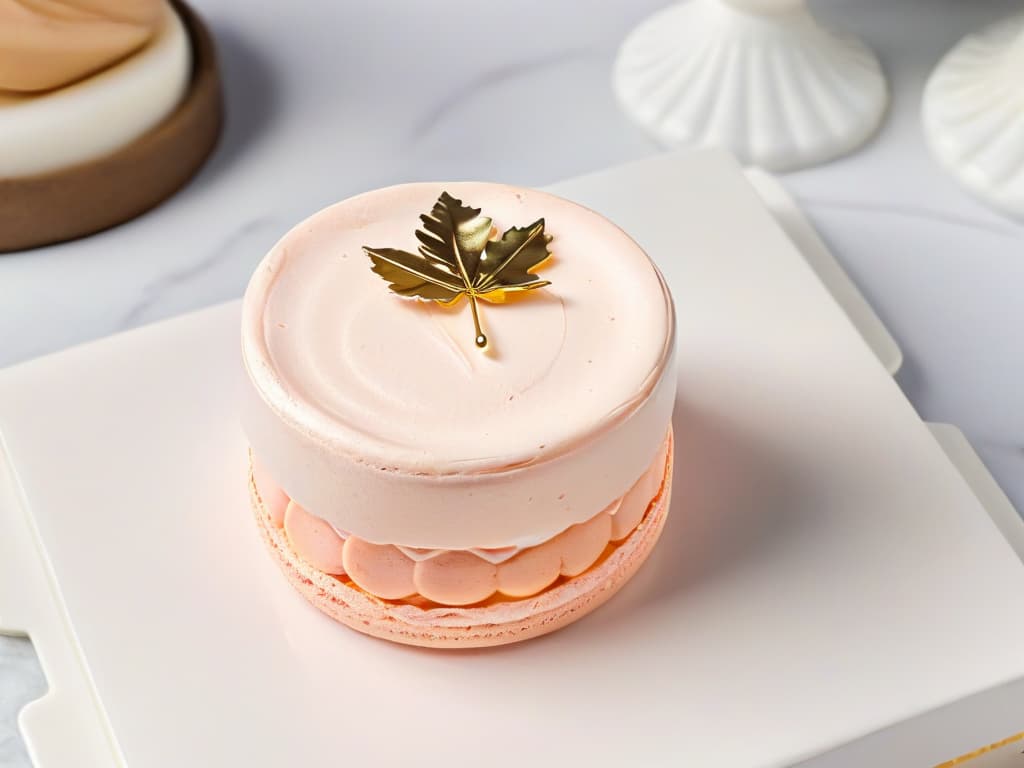  An ultradetailed image of a delicate pastel pink macaron with a perfectly smooth and glossy surface, topped with a single edible gold leaf, placed on a marble countertop under soft natural lighting that accentuates its intricate details and elegant simplicity. hyperrealistic, full body, detailed clothing, highly detailed, cinematic lighting, stunningly beautiful, intricate, sharp focus, f/1. 8, 85mm, (centered image composition), (professionally color graded), ((bright soft diffused light)), volumetric fog, trending on instagram, trending on tumblr, HDR 4K, 8K