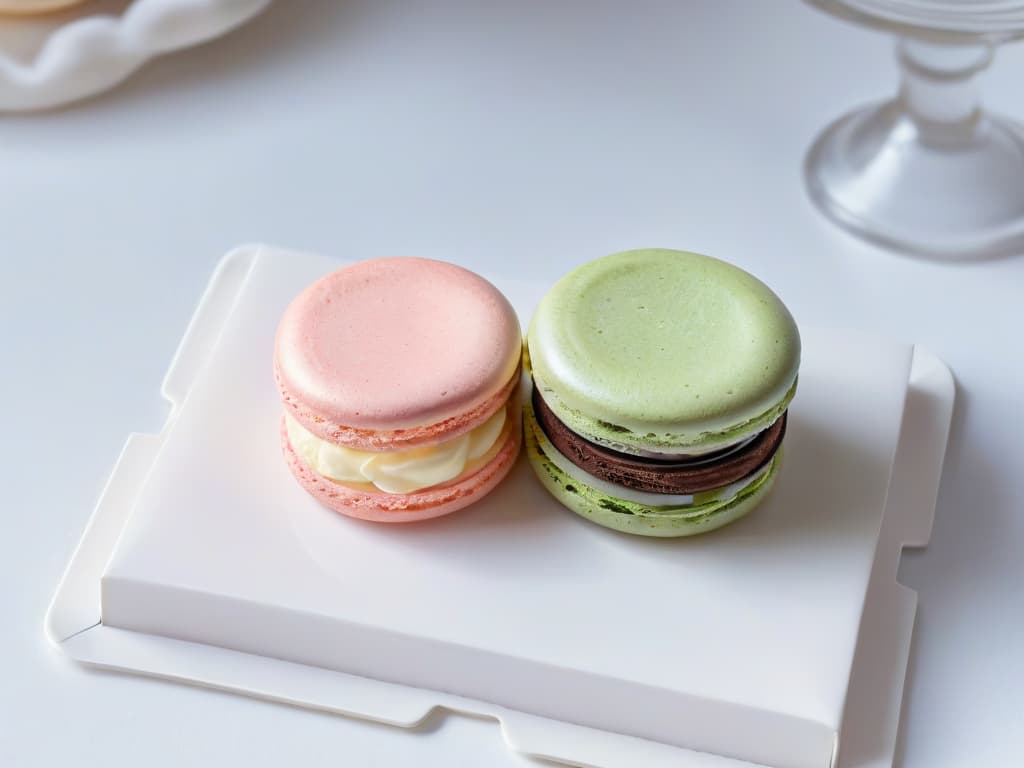  A closeup, ultradetailed image of a single perfectly baked macaron with a smooth, glossy shell in a soft pastel color, delicately placed on a pristine white plate. The intricate details of the smooth surface, slight crinkle at the base, and the perfectly formed "feet" are all clearly visible, highlighting the precision and artistry required to create these delicate French confections. The lighting is soft, casting a gentle shadow beneath the macaron, enhancing its elegant and minimalist aesthetic. hyperrealistic, full body, detailed clothing, highly detailed, cinematic lighting, stunningly beautiful, intricate, sharp focus, f/1. 8, 85mm, (centered image composition), (professionally color graded), ((bright soft diffused light)), volumetric fog, trending on instagram, trending on tumblr, HDR 4K, 8K