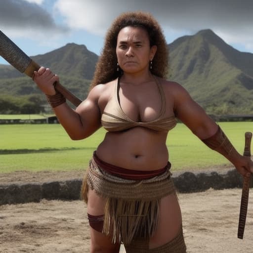  Samoan woman in holding war club