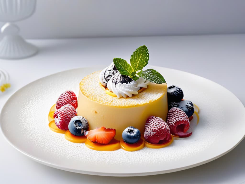  A closeup, ultradetailed shot of a perfectly plated dessert on a sleek, modern, white plate, with vibrant colors and intricate details that highlight the texture and beauty of the sweet treat. The dessert is elegantly garnished with fresh berries, a sprinkle of powdered sugar, and delicate mint leaves, creating a visually striking and appetizing image that captures the essence of exquisite dessert photography. hyperrealistic, full body, detailed clothing, highly detailed, cinematic lighting, stunningly beautiful, intricate, sharp focus, f/1. 8, 85mm, (centered image composition), (professionally color graded), ((bright soft diffused light)), volumetric fog, trending on instagram, trending on tumblr, HDR 4K, 8K