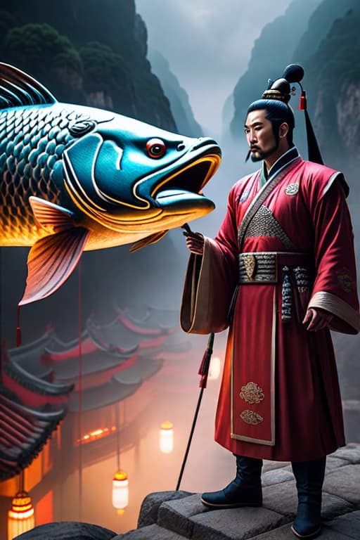  /imagine man, a handsome, tall imperial officer of the Eastern Han Dynasty, dressed in Eastern Han costume, standing downstairs in the ancient city of China, touching a hanging fish hyperrealistic, full body, detailed clothing, highly detailed, cinematic lighting, stunningly beautiful, intricate, sharp focus, f/1. 8, 85mm, (centered image composition), (professionally color graded), ((bright soft diffused light)), volumetric fog, trending on instagram, trending on tumblr, HDR 4K, 8K