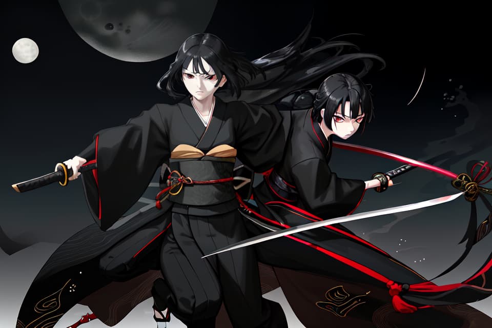  One, one , black kimono, black hair, black eyes, Japanese swords, long swords, hips, hold a sword, night, moon, serious expression, cooling face , Glowing eyes, small s, slender, imminent, running, cutting, riding, sprinting, stepping in, dust, wind, slashing