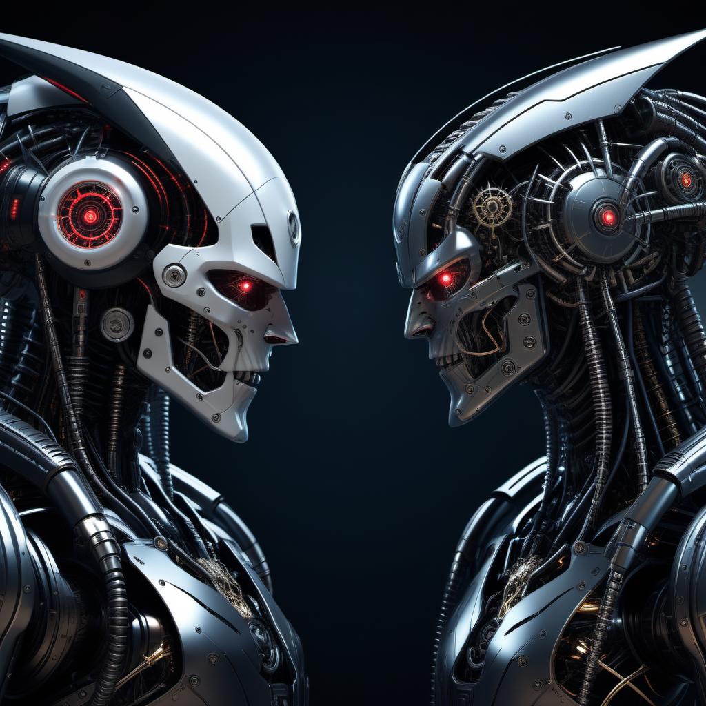  biomechanical cyberpunk Two evil, terrifying battle robots demon + opposition. . cybernetics, human-machine fusion, dystopian, organic meets artificial, dark, intricate, highly detailed