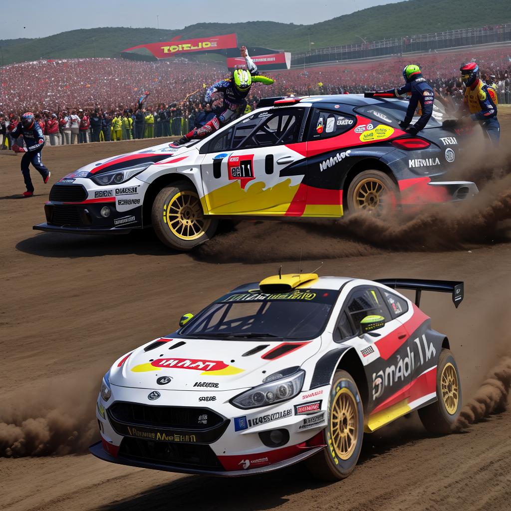  masterpiece, best quality, Rally racing, with F1, crowds of fans, winning, helmets, tire smoke