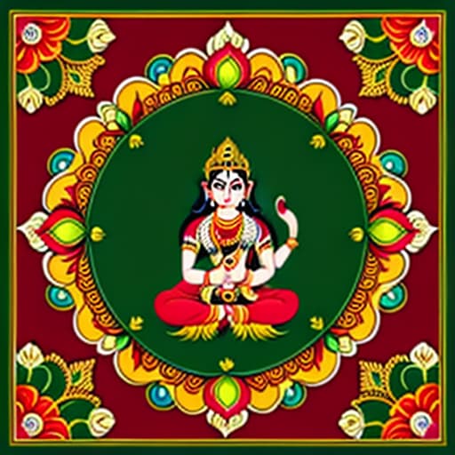  Pattachitra painting, Lord Rama Darbar, vibrant colors, red background, Rama golden throne, Sita left side, Hanuman kneeling, green meadow flowers foreground, decorative floral geometric border,4k