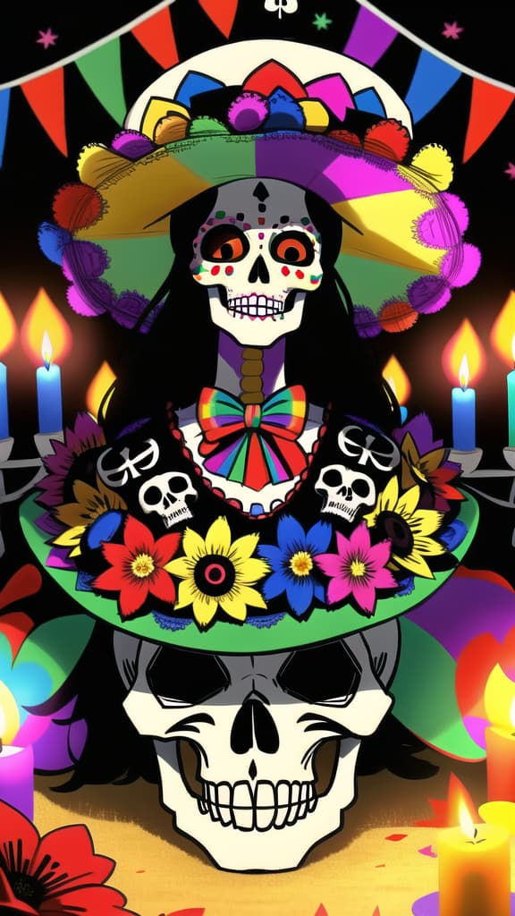  day of the dead, dia de los muertos, (sombrero hat), masterpiece, best quality, skull, (Mexican culture), traditional, celebration, festive, colorful, (Mexican festival paint), flowers, altar, candles, skeleton, spirits, Mexican holiday, vibrant, decorative, papel picado, festive makeup, cultural heritage, folk art, macabre, festive atmosphere