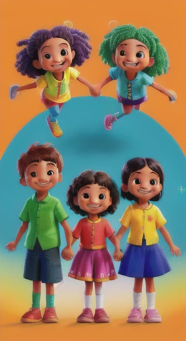  {A bright and colorful book cover with a group of happy children holding hands in a circle., Children of various ethnicities. They are smiling and wearing colorful clothing.