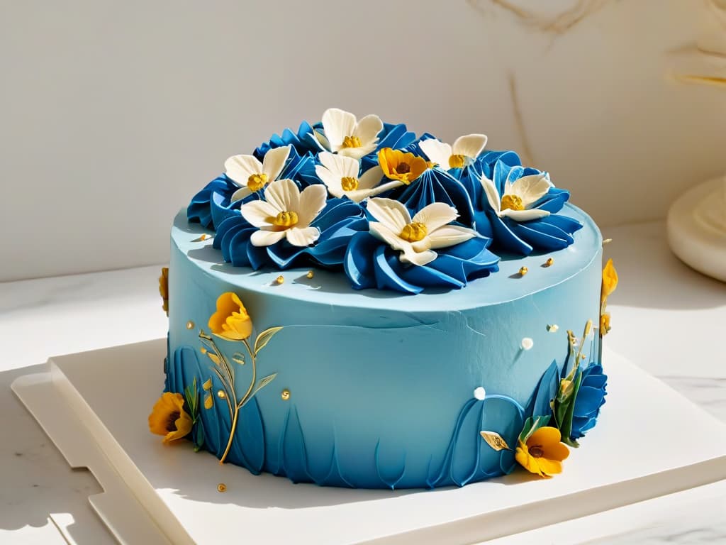  An image of a perfectly crafted and intricately decorated gourmet cake sitting on a sleek, white marble countertop. The cake is adorned with delicate sugar flowers, gold leaf accents, and artistic swirls of frosting, showcasing the artistry and passion that goes into creating gourmet pastries. The background is softly blurred to keep the focus on the exquisite details of the cake, emphasizing the elegance and sophistication of gourmet baking. hyperrealistic, full body, detailed clothing, highly detailed, cinematic lighting, stunningly beautiful, intricate, sharp focus, f/1. 8, 85mm, (centered image composition), (professionally color graded), ((bright soft diffused light)), volumetric fog, trending on instagram, trending on tumblr, HDR 4K, 8K