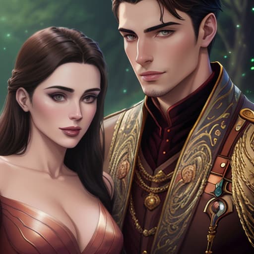  A cover for a fantasy book, with high quality digital painting, a handsome young man with dark hair and brown eyes, no beard or mustache, and a dark haired girl standing beside him in fantasy clothing. The girl covers the man's eyes, and behind them is a portrait photo in high quality. hyperrealistic, full body, detailed clothing, highly detailed, cinematic lighting, stunningly beautiful, intricate, sharp focus, f/1. 8, 85mm, (centered image composition), (professionally color graded), ((bright soft diffused light)), volumetric fog, trending on instagram, trending on tumblr, HDR 4K, 8K