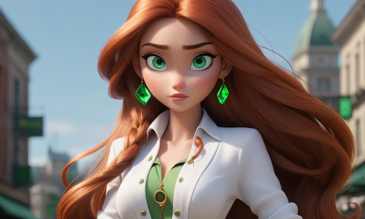  professional 3d model Draw in Pixar style a with long hair. She's a . She has green eyes. She's wearing a white long and an emerald . She's friendly. . octane render, highly detailed, volumetric, dramatic lighting hyperrealistic, full body, detailed clothing, highly detailed, cinematic lighting, stunningly beautiful, intricate, sharp focus, f/1. 8, 85mm, (centered image composition), (professionally color graded), ((bright soft diffused light)), volumetric fog, trending on instagram, trending on tumblr, HDR 4K, 8K