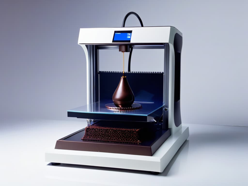  An ultrarealistic, minimalistic 3D rendering of a sophisticated 3D chocolate printer in action, meticulously crafting intricate and delicate chocolate sculptures. The printer features sleek, futuristic design elements and is surrounded by a soft ambient light that highlights the precision and artistry of the chocolate printing process. hyperrealistic, full body, detailed clothing, highly detailed, cinematic lighting, stunningly beautiful, intricate, sharp focus, f/1. 8, 85mm, (centered image composition), (professionally color graded), ((bright soft diffused light)), volumetric fog, trending on instagram, trending on tumblr, HDR 4K, 8K