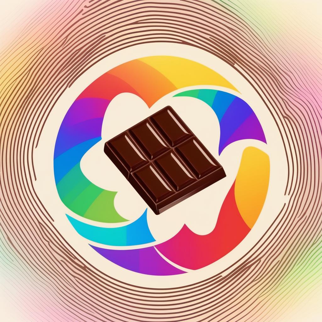  Single minimal abstract icon logo.

Rainbow swirls with a chocolate bar in the center.

Modern aesthetic, symmetric, single-color, icon centered on a light background. No text, tight, defined border.