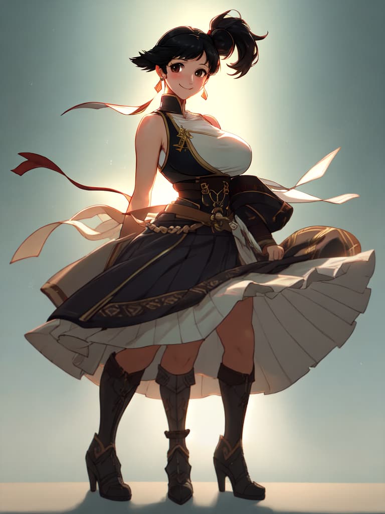  (masterpiece), best quality, absurdres, 1 , bangs, bare arms, bare shoulders, full body, (black hair), large s, brown eyes, (age), smiling, mini , pleated , earrings, fire emblem, fire emblem: the binding blade, taking, huge s, on her ,  hyperrealistic, full body, detailed clothing, highly detailed, cinematic lighting, stunningly beautiful, intricate, sharp focus, f/1. 8, 85mm, (centered image composition), (professionally color graded), ((bright soft diffused light)), volumetric fog, trending on instagram, trending on tumblr, HDR 4K, 8K