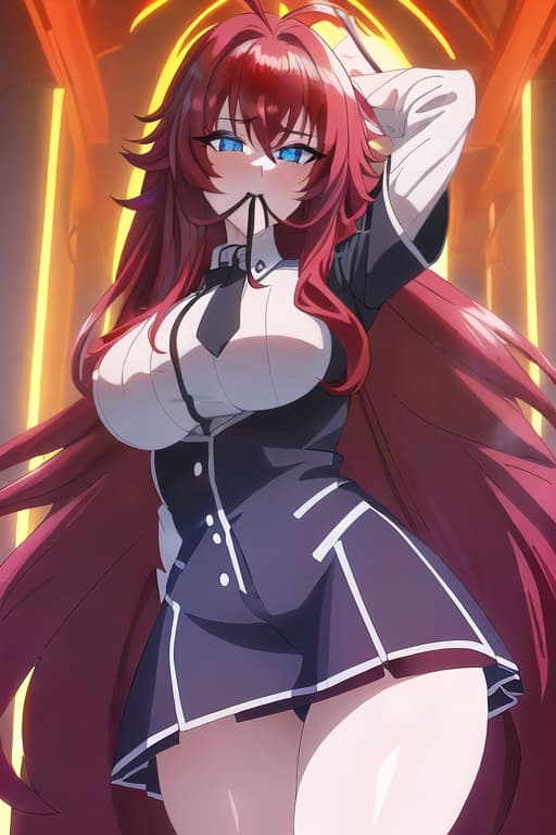  with erect in her mouth,masterpiece, best quality, 1women, long red hair, looking at viewer, :3, cute, black uniform, outdoors, streets, cowboy shot, curvy, (((blue eyes))), rias gremory, red hair, antenna hair, wavy hair, ((beautiful detailed eyes, beautiful detailed glow, lots of glow)), anime screencap