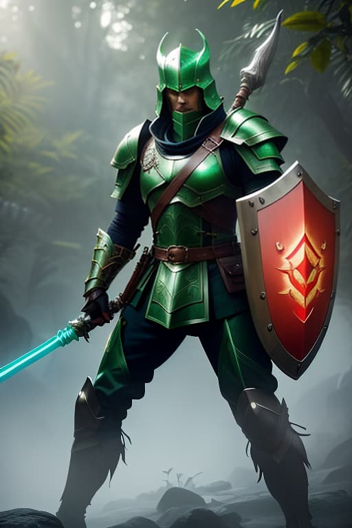  a cinematic shot of a dragon warrior and holding a green glowing spear and a shield, fantasy jungle in background, reflective light, hkstyle, HD, masterpiece, best quality, hyper detailed, ultra detailed, super realistic hyperrealistic, full body, detailed clothing, highly detailed, cinematic lighting, stunningly beautiful, intricate, sharp focus, f/1. 8, 85mm, (centered image composition), (professionally color graded), ((bright soft diffused light)), volumetric fog, trending on instagram, trending on tumblr, HDR 4K, 8K