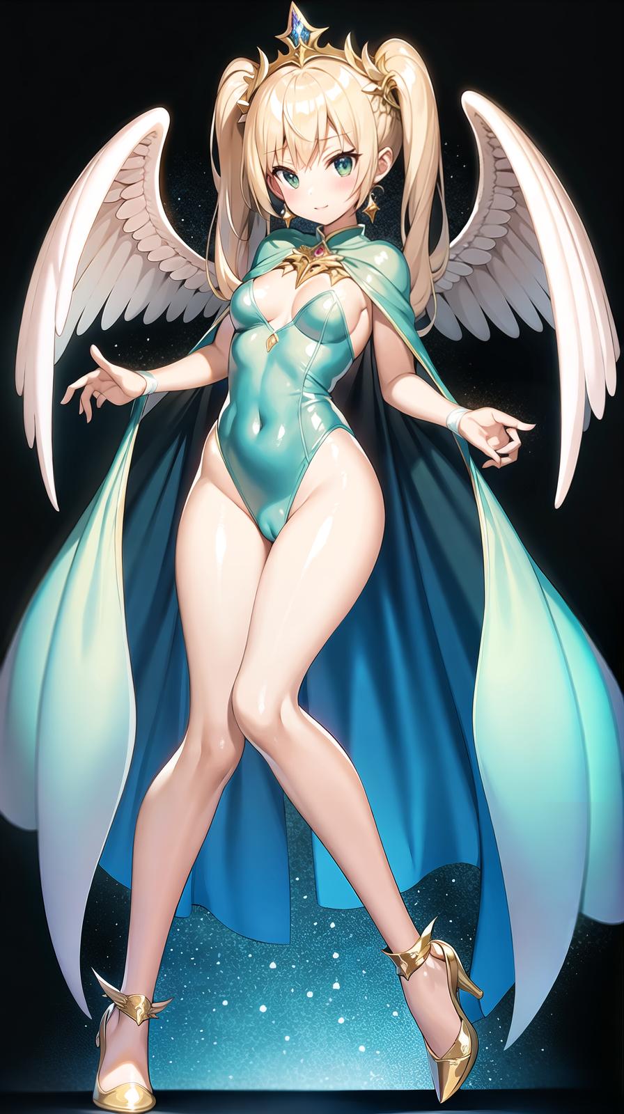  master piece , best quality,Leotard Lower body dress Double cape Tiara Jewelry Angel wings Iridescent Long two side up hair Big s Human Magic wand Magical Transformation Full body