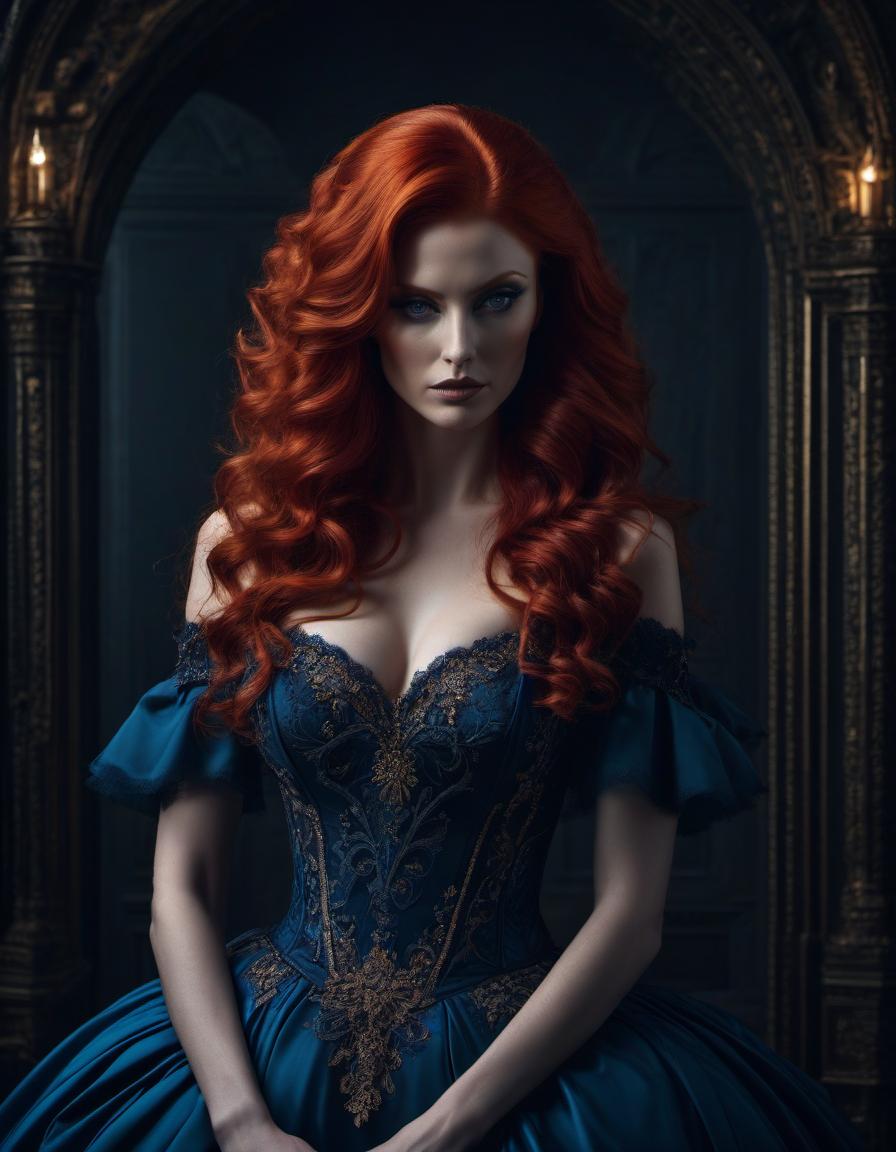  gothic style A striking digital artwork of a woman with voluminous red hair in an ornate blue dress, posing elegantly against a dark background. . dark, mysterious, haunting, dramatic, ornate, detailed hyperrealistic, full body, detailed clothing, highly detailed, cinematic lighting, stunningly beautiful, intricate, sharp focus, f/1. 8, 85mm, (centered image composition), (professionally color graded), ((bright soft diffused light)), volumetric fog, trending on instagram, trending on tumblr, HDR 4K, 8K