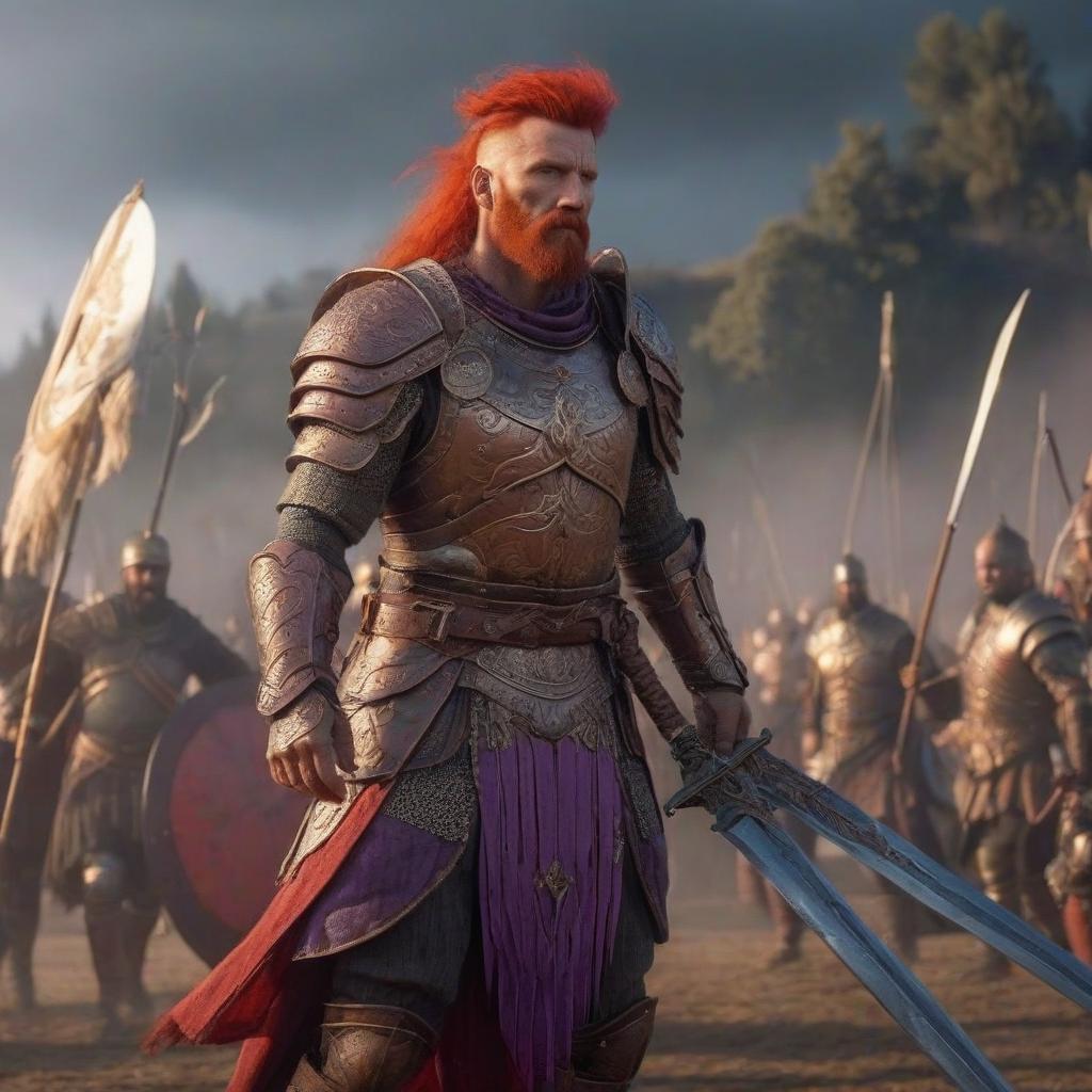  Red Haired, Warrior, old man, armor, violet hair, dress, grandmother hyperrealistic, full body, detailed clothing, highly detailed, cinematic lighting, stunningly beautiful, intricate, sharp focus, f/1. 8, 85mm, (centered image composition), (professionally color graded), ((bright soft diffused light)), volumetric fog, trending on instagram, trending on tumblr, HDR 4K, 8K