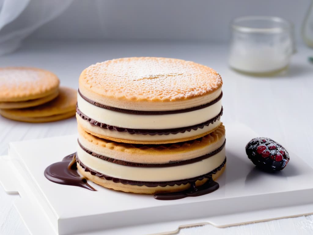  An intricately designed minimalistic image featuring a closeup view of a freshly baked alfajor saludable, showcasing layers of delicate whole grain cookies filled with creamy dulce de leche made from natural sweeteners, topped with a thin layer of rich dark chocolate. The cookie is elegantly dusted with a sprinkle of powdered sugar and garnished with a single vibrant raspberry, all placed on a sleek, modern plate against a backdrop of soft natural lighting that highlights the textures and colors of the alfajor, evoking a sense of indulgence and wholesome decadence. hyperrealistic, full body, detailed clothing, highly detailed, cinematic lighting, stunningly beautiful, intricate, sharp focus, f/1. 8, 85mm, (centered image composition), (professionally color graded), ((bright soft diffused light)), volumetric fog, trending on instagram, trending on tumblr, HDR 4K, 8K