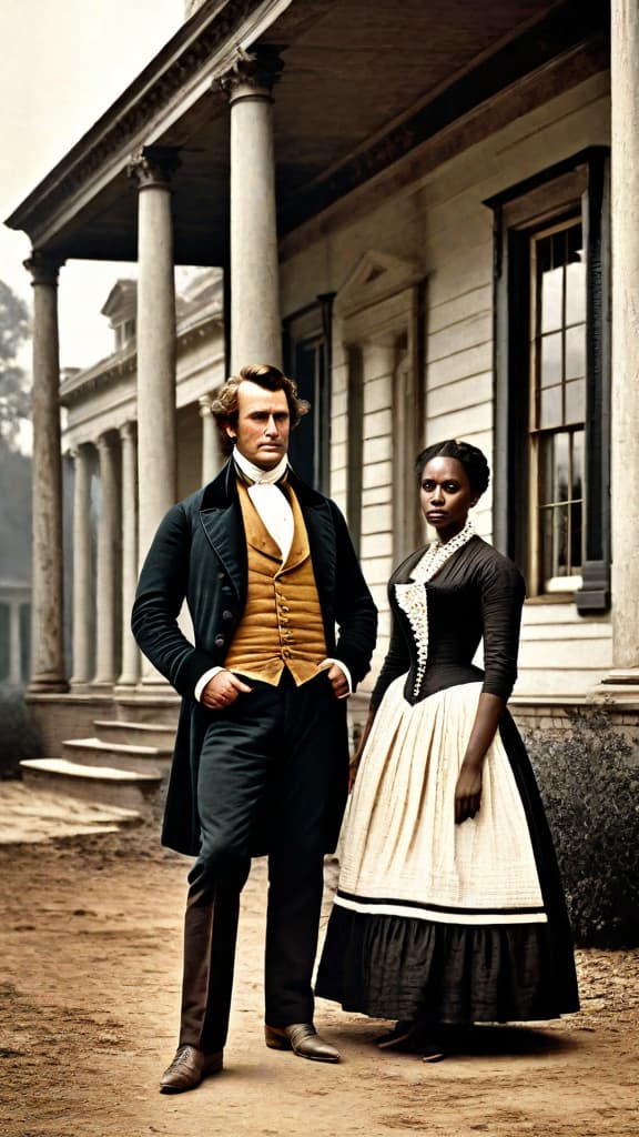  (An image of two well dressed, stern looking wealthy white men in 19th century American attire, standing in front of a large plantation style house or office building, surrounded by shackled, distressed looking enslaved people, predominantly young women, conveying a sense of the cruelty and exploitation of the slave trade in the American South during the 1800s.) hyperrealistic, full body, detailed clothing, highly detailed, cinematic lighting, stunningly beautiful, intricate, sharp focus, f/1. 8, 85mm, (centered image composition), (professionally color graded), ((bright soft diffused light)), volumetric fog, trending on instagram, trending on tumblr, HDR 4K, 8K