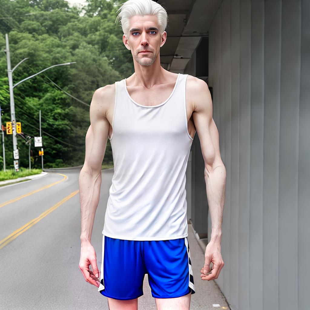  Tall guy, white hair, blue eyes, tight sleeveless t-shirt, loose knee-length shorts